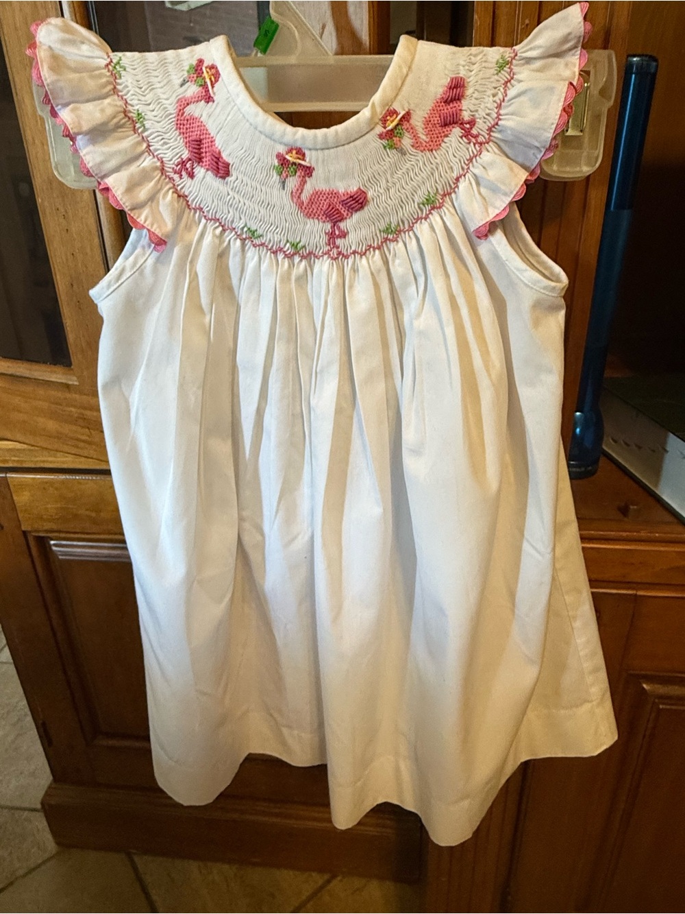 Girls White Smocked Dress with Pink Flamingo Accent